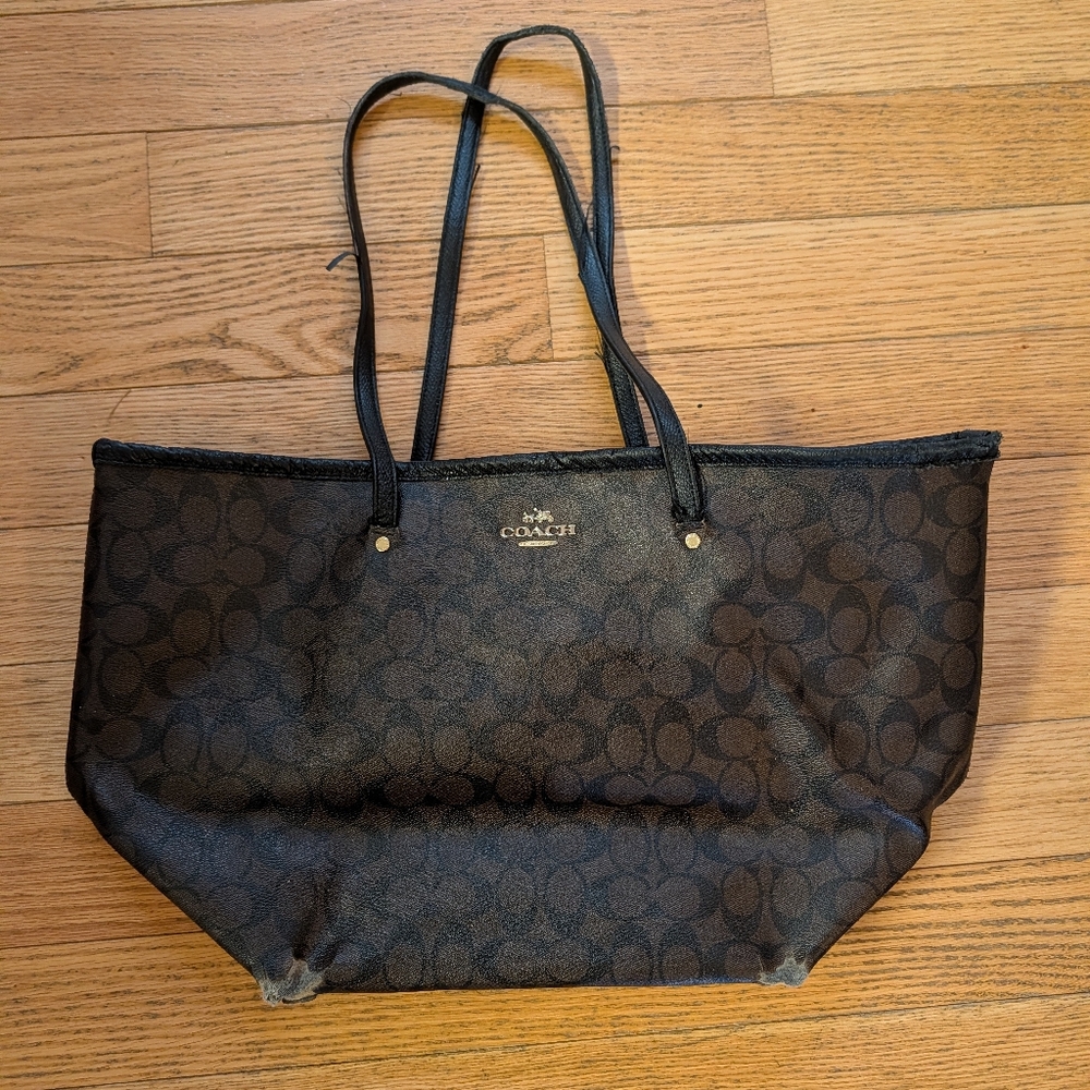 Coach Large Tote Bag Dark Brown Black Monogram Signature Print
